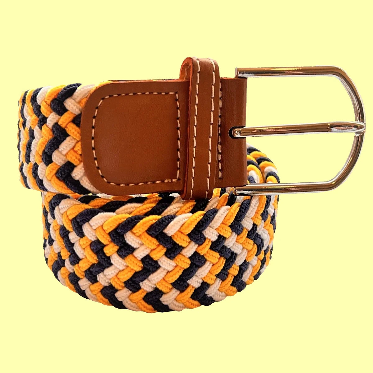 Three Colour Stripe Woven Elasticated Belt - Yellow, Navy and White