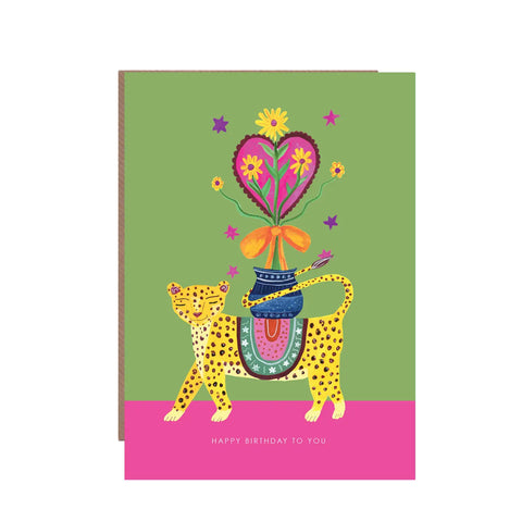 Leopard and Heart Blooms Birthday Greeting Card