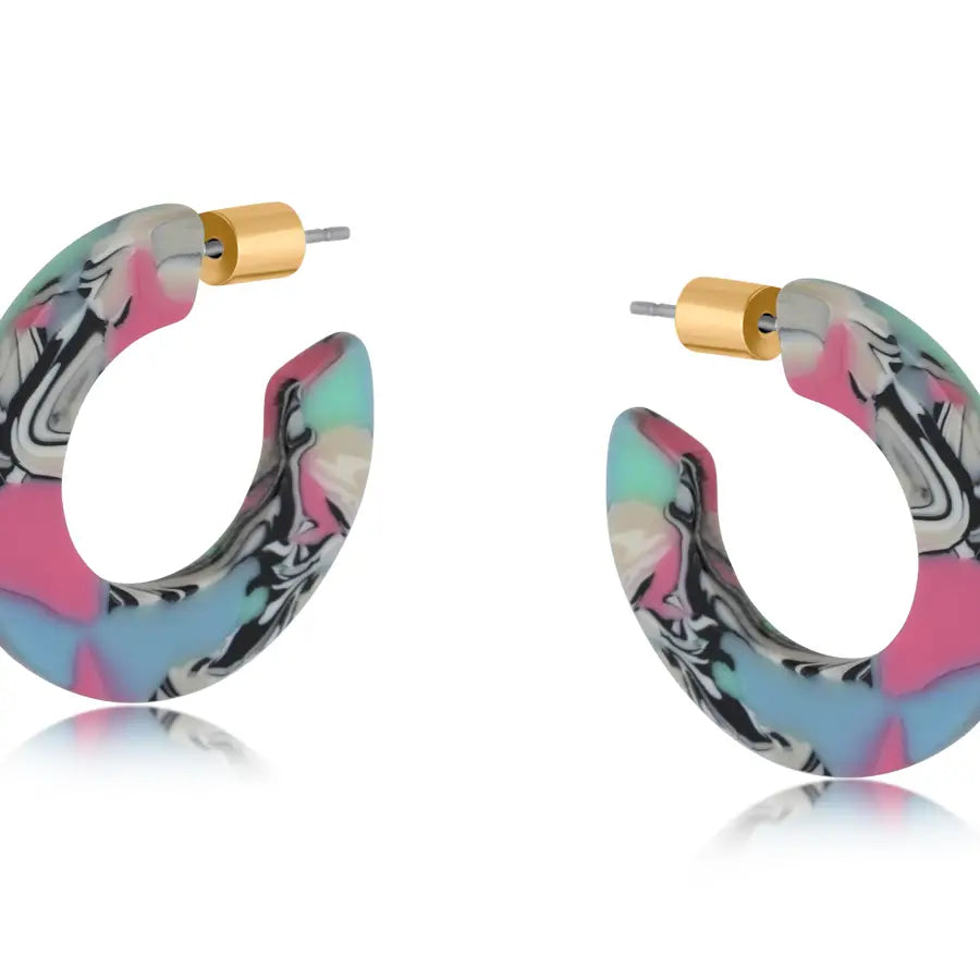 Pink & Blue Flat Oval Resin Hoop Earrings