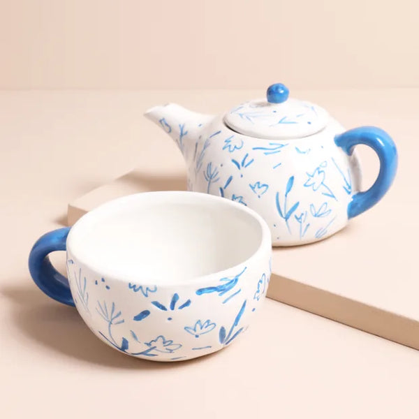 Blue Floral Teapot and Cup Set