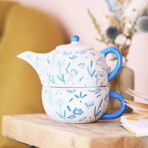 Blue Floral Teapot and Cup Set