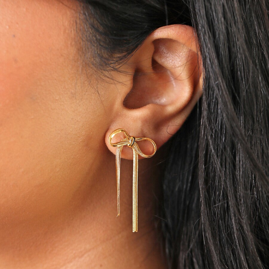 Bow Snake Chain Statement Stud Earrings in Gold