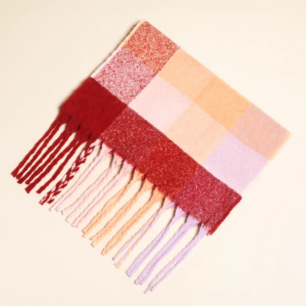 Burgundy and Peach Check Winter Scarf