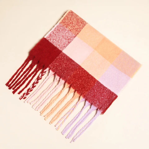 Burgundy and Peach Check Winter Scarf