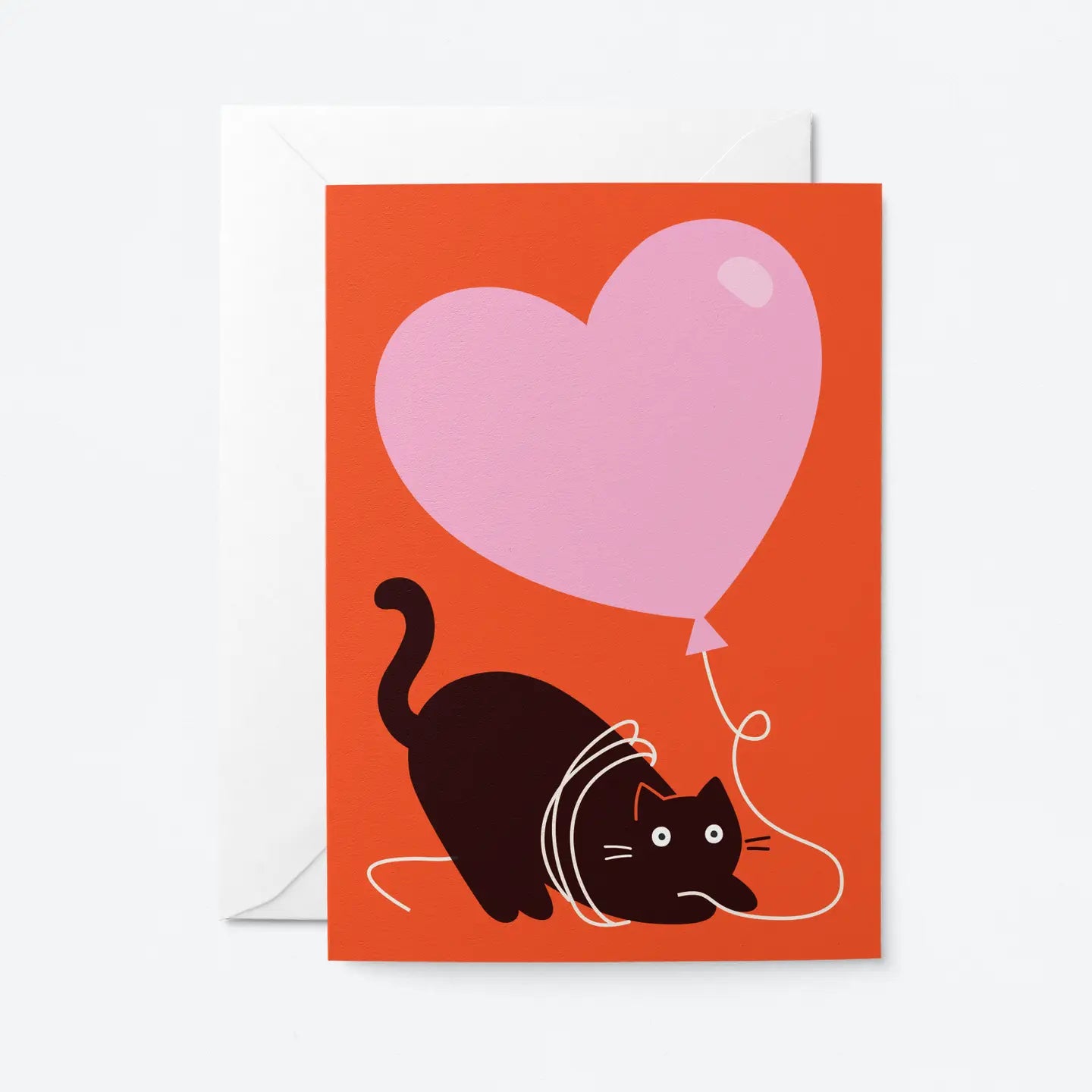 Red Cat and Heart Balloon Card