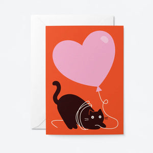 Red Cat and Heart Balloon Card