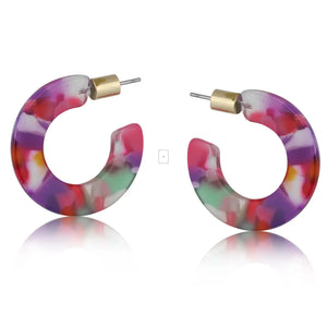 Pink & Purple Flat Oval Resin Hoop Earrings