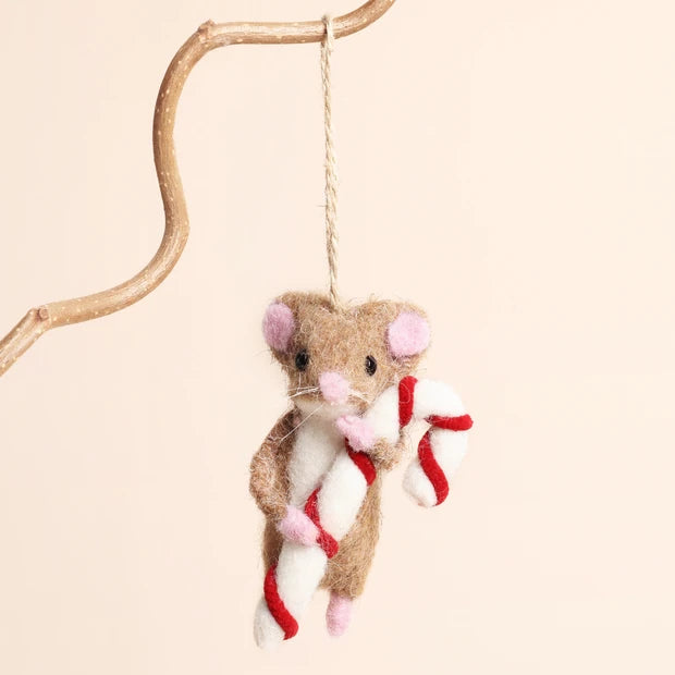 Felt Candy Cane Mouse Hanging Decoration