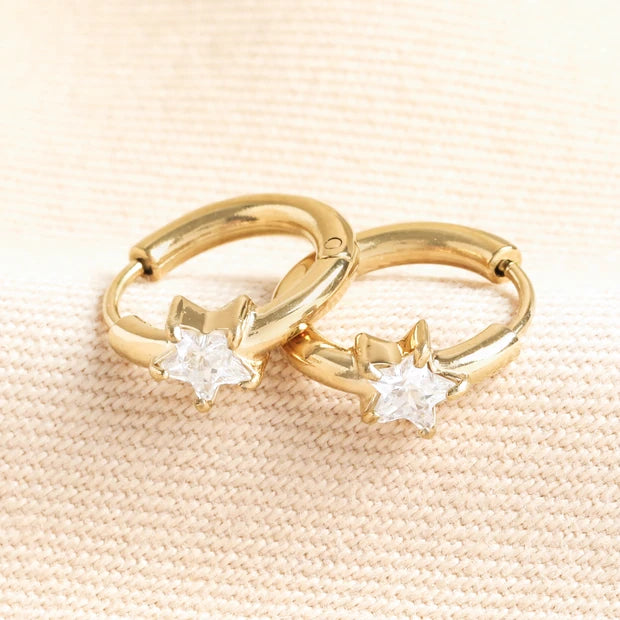 Stainless Steel Crystal Star Huggie Hoop Earrings in Gold