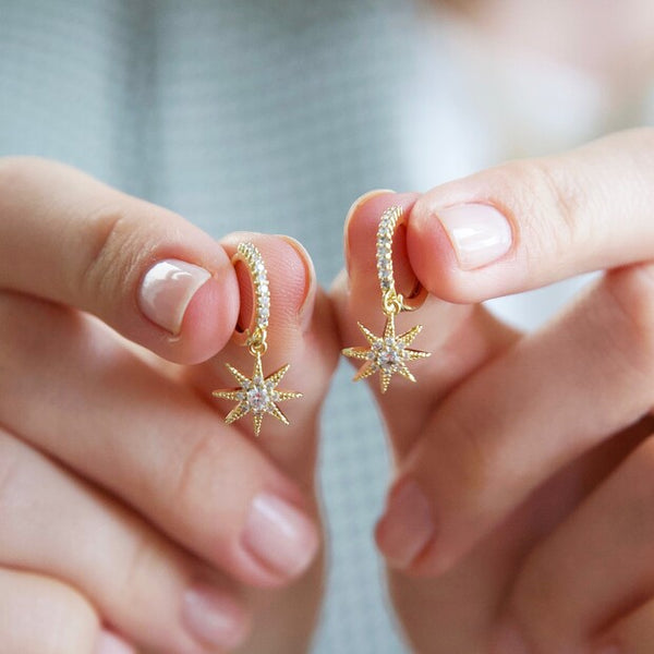 Crystal Star Huggie Hoop Earrings in Gold