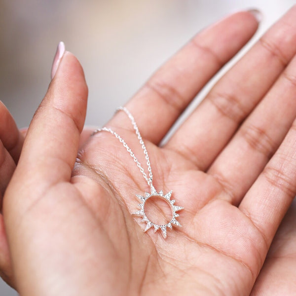 Crystal Sunburst Pendant Necklace in Silver