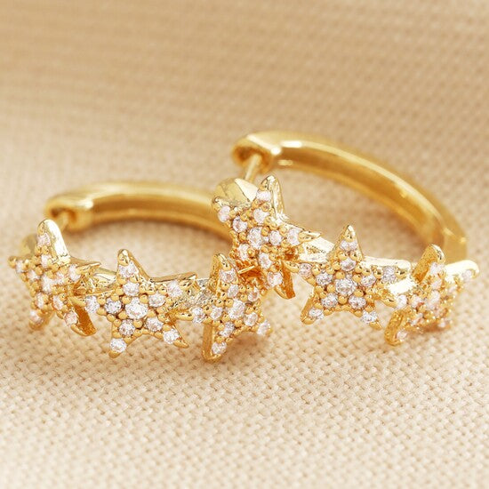 Crystal Triple Star Huggie Earrings Gold