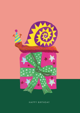 'Party Snail On Present' Birthday Greetings Card