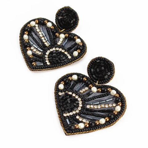 Black, Gold and Pearl Heart Earrings