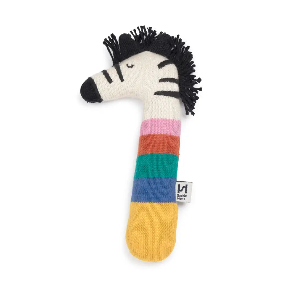 Cotton Knit Baby Rattle Toy - Zebra Rainbow