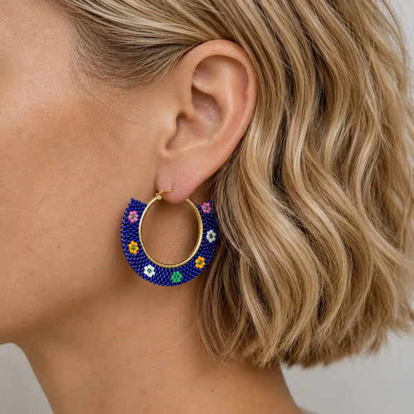 Navy Floral Geometric Beaded Hoop Earrings