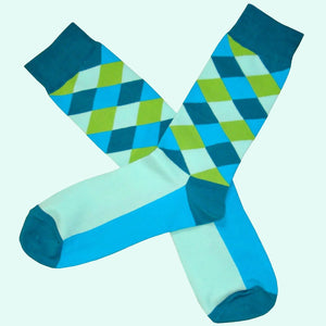 Men's Diamond Check Sock - Blue, Green and Teal