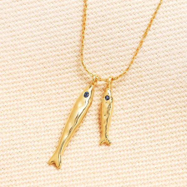 Double Hammered Fish Pendant Necklace in Gold