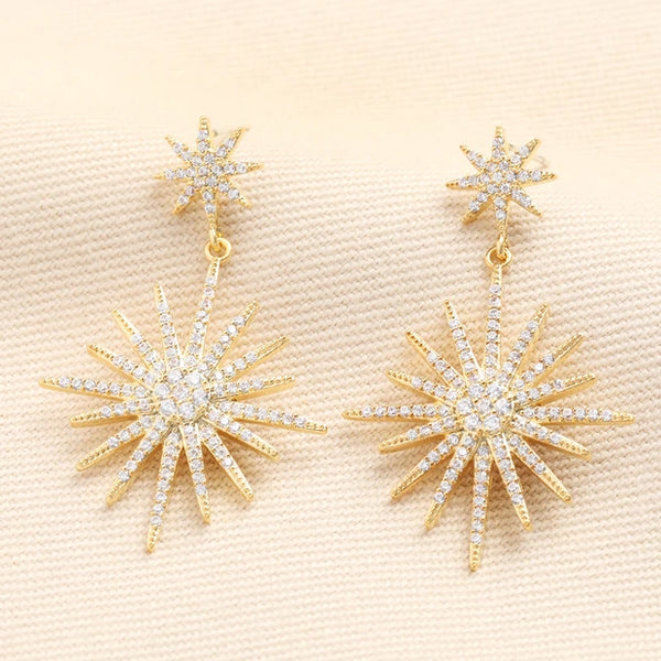 Large Crystal Double Star Drop Earrings in Gold