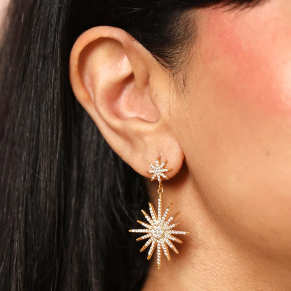 Large Crystal Double Star Drop Earrings in Gold