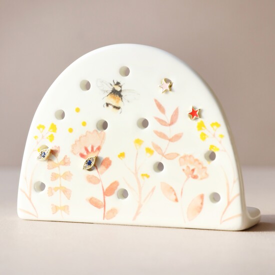 Dusky Pink Floral Bee Ceramic Earring Holder