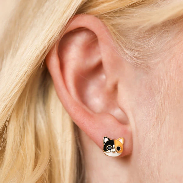 Enamel Cat Face Stud Earrings in Gold