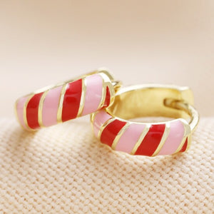 Tiny Enamel Striped Huggie Hoop Earrings in Red & Pink