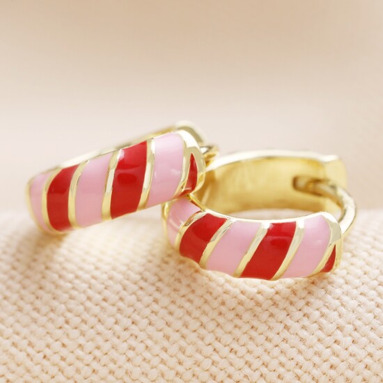 Tiny Enamel Striped Huggie Hoop Earrings in Red & Pink