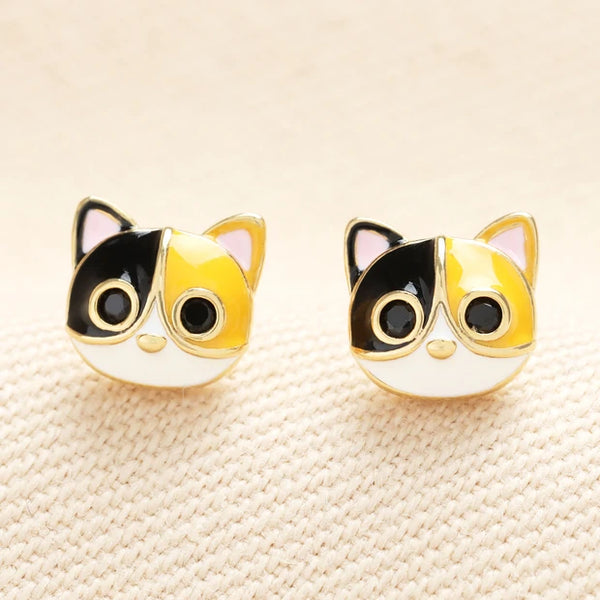 Enamel Cat Face Stud Earrings in Gold