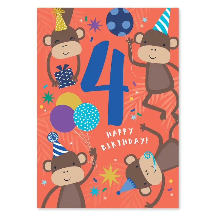 Cute Age 4 Monkey Birthday Card