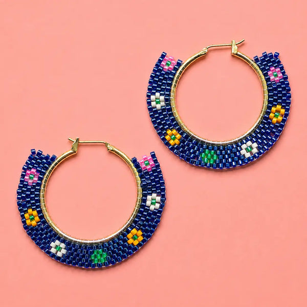 Navy Floral Geometric Beaded Hoop Earrings