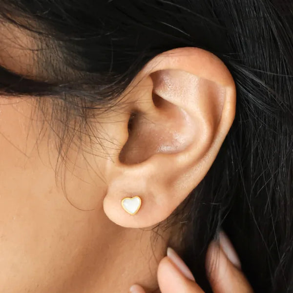 Sterling Silver Mother of Pearl Heart Stud Earrings in Gold