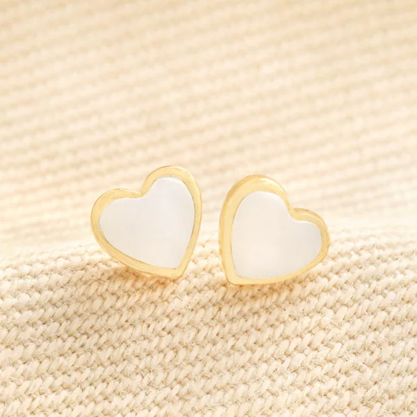 Sterling Silver Mother of Pearl Heart Stud Earrings in Gold