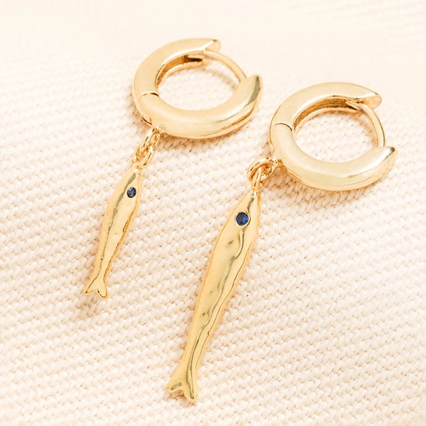 Mismatched Blue Crystal Hammered Fish Huggie Hoop Earrings in Gold