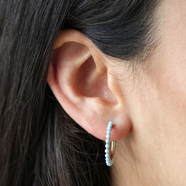 Blue Stone Hoop Earrings in Gold
