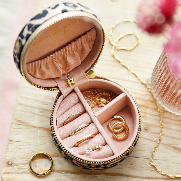 Leopard Print Velvet Round Travel Jewellery Case