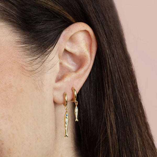 Mismatched Blue Crystal Hammered Fish Huggie Hoop Earrings in Gold