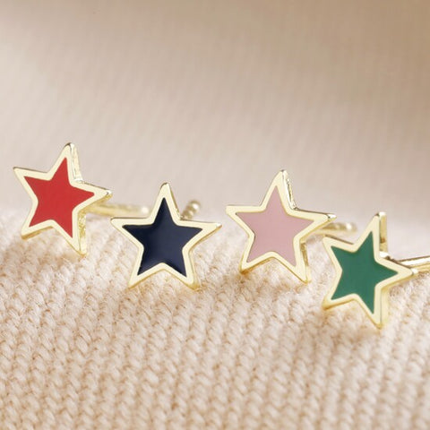 Set of 4 Colourful Enamel Star Stud Earrings in Gold