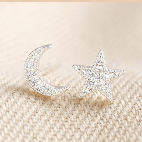 CZ Stone Moon and Star Silver Earrings