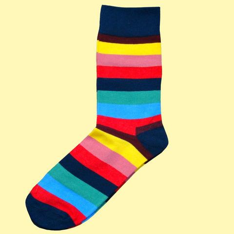 Men's Multi Coloured Stripe Socks - Navy, Red, Yellow, Pink, Blue, Green & Brown