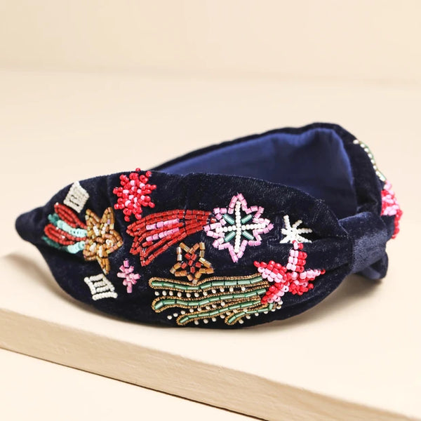 Navy Velvet Rainbow Celestial Beaded Headband
