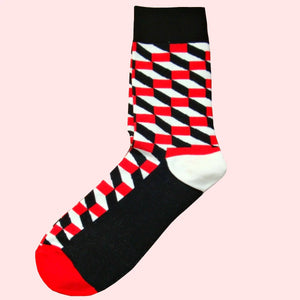 Men's Opitical Check Socks - Black, Red and White