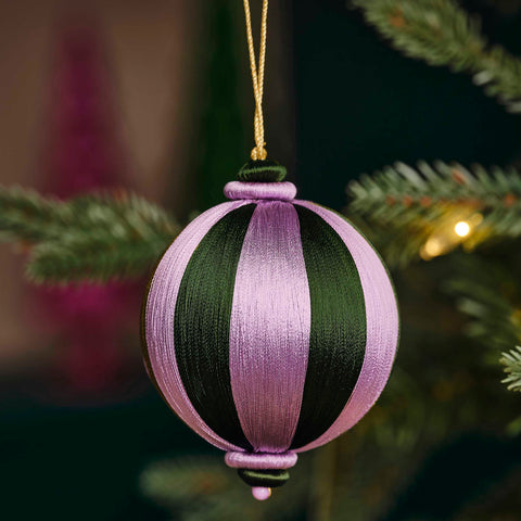 Green and Purple Striped Satin Christmas Bauble