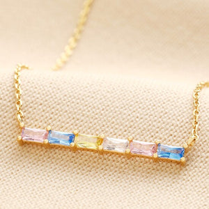 Pastel Baguette Crystal Bar Pendant Necklace in Gold