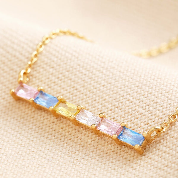 Pastel Baguette Crystal Bar Pendant Necklace in Gold