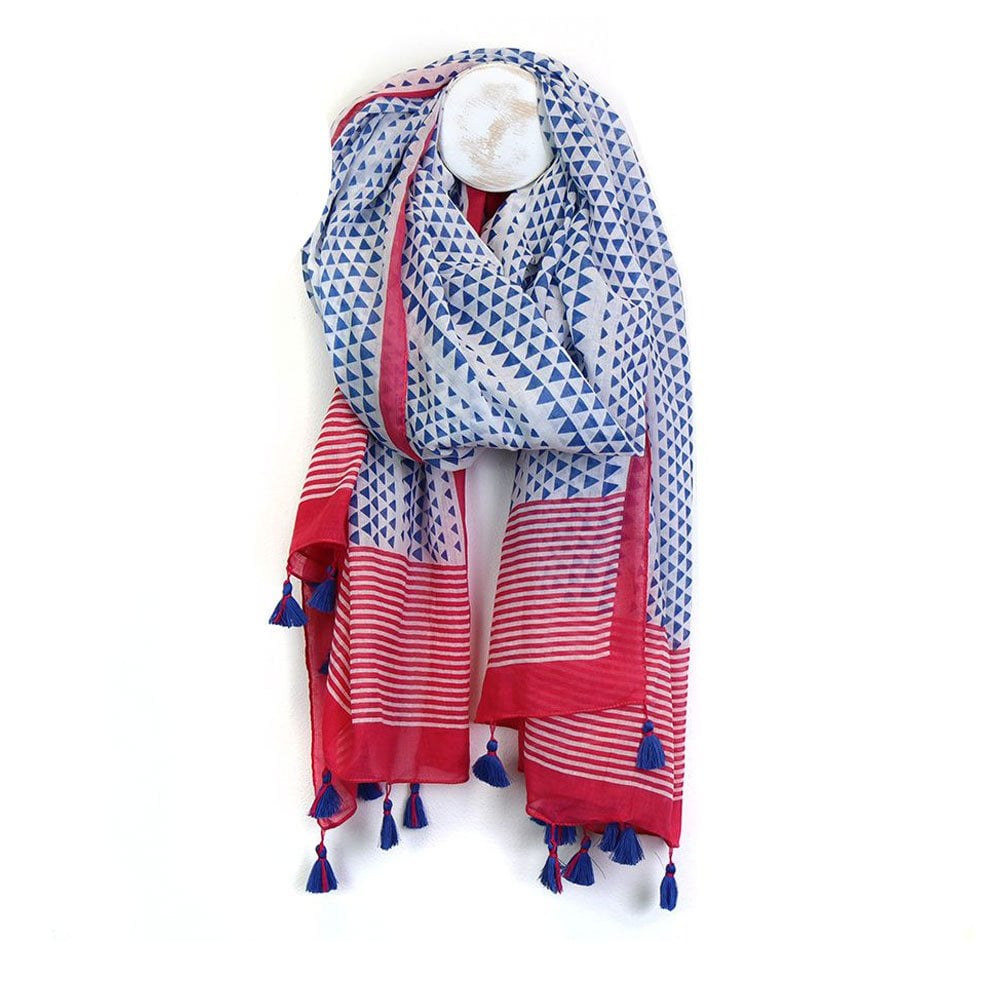 Blue & Red | Tassels & Triangles | Cotton Scarf
