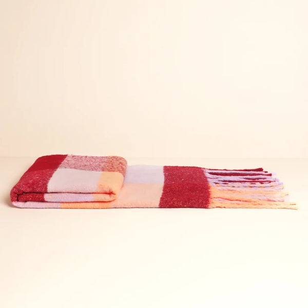 Burgundy and Peach Check Winter Scarf