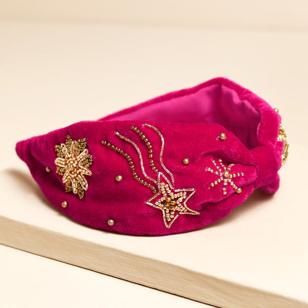 Pink Velvet Gold Celestial Beaded Headband