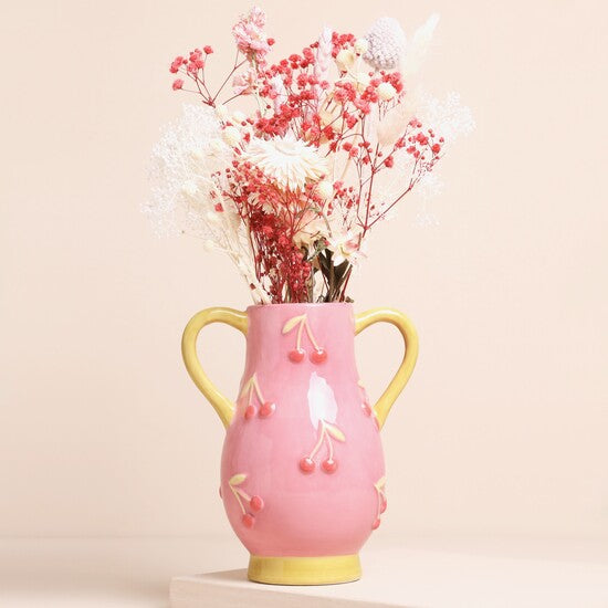 Pink and Mustard Yellow Embossed Cherry Ceramic Vase