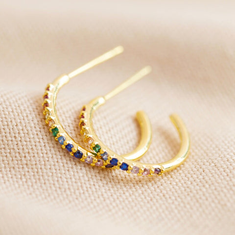 Rainbow Crystal Hoop Earrings in Gold